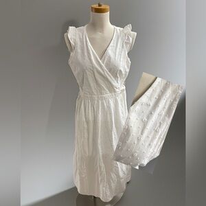 NWT LOFT White Eyelet Wrap Midi Dress Elegant Summer Floral Eyelet Sz M Petite